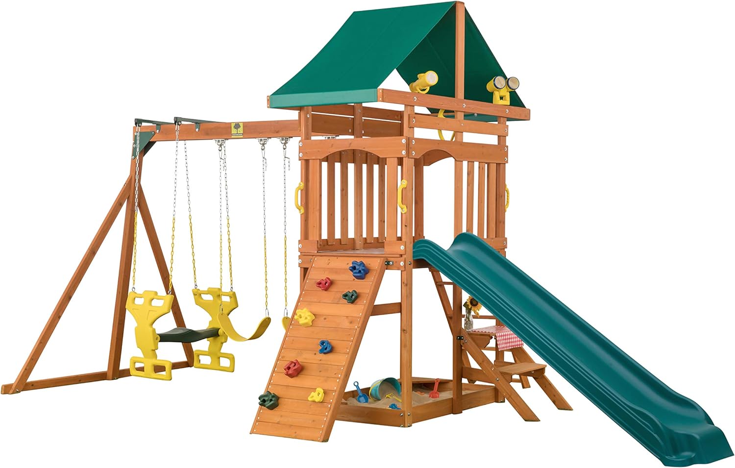 Sky View Cedar Backyard Playset | W: 17'10" D: 9'4" H: 9'9" | w/2-Person Glider &amp; 2 Belt Swings | Binoculars, Steering Wheel &amp; Telescope | Kids Age 3-12 | ASTM Standards | 10-Year Warranty on 
