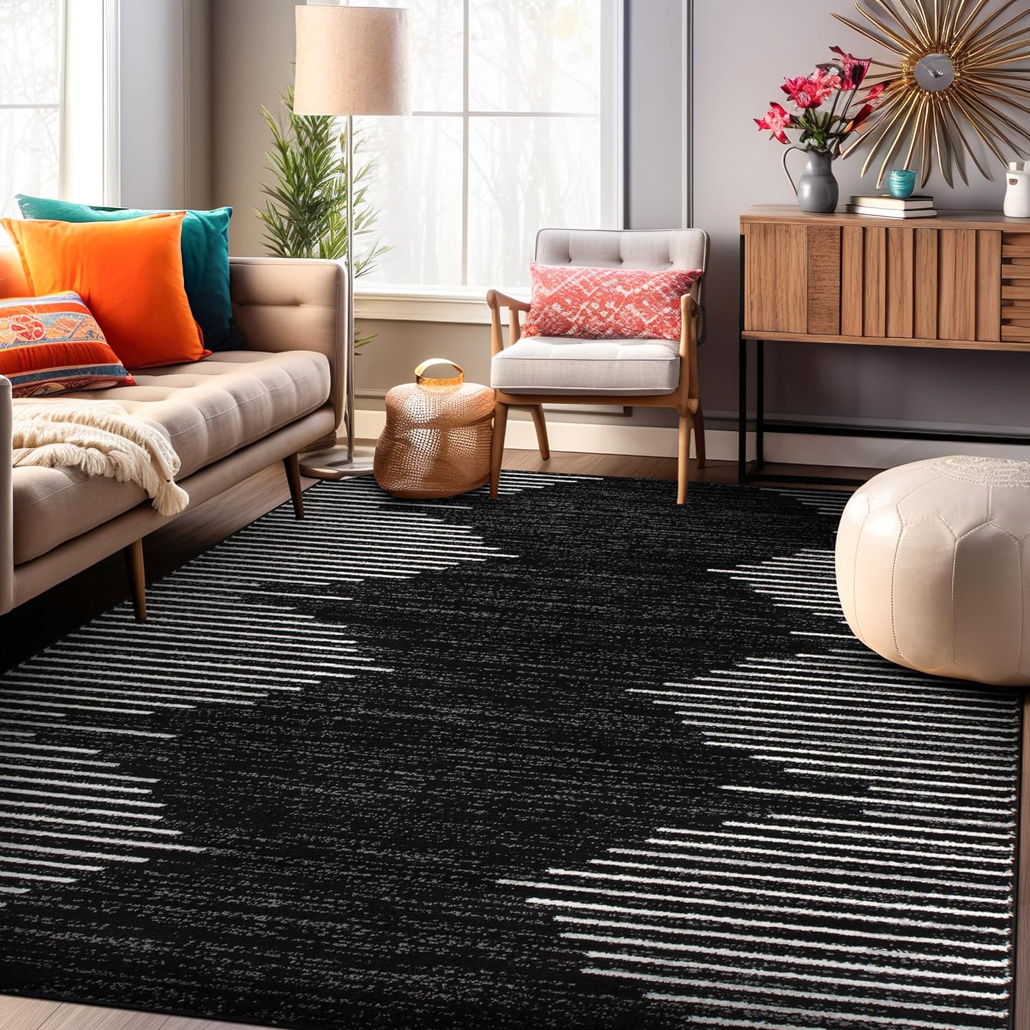 Rugshop Bohemian Stripe Stain Resistant High Traffic Living Room Kitchen Bedroom Dining Home Office Area Rug 5'x7' Black