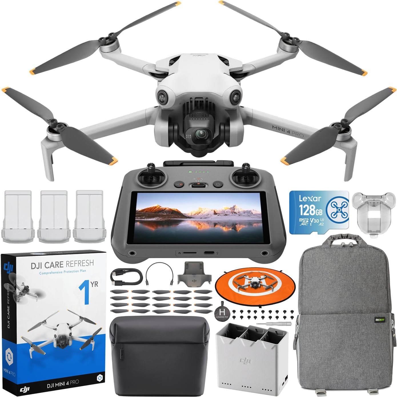 DJI Mini 4 Pro Folding Drone with RC 2 Remote (With Screen) Fly More Combo Plus, 4K HDR, Under 249g, Omnidirectional Sensing, 3 Plus Batteries Bundle with 1 Year DJI Care Refresh Plan &amp; Accessorie