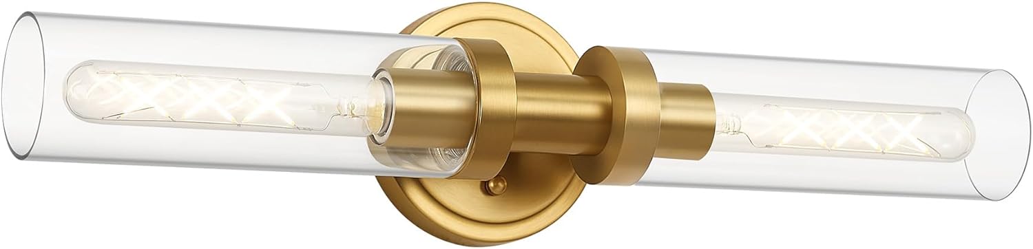 Brushed Gold Bathroom Vanity Light Fixture, 2-Light Modern Wall Sconce Lighting W/Clear Glass, Brass Wall Mount Lamp for Mirror Hallway Kitchen Living Room, E26 T10 Bulbs(Excluded)