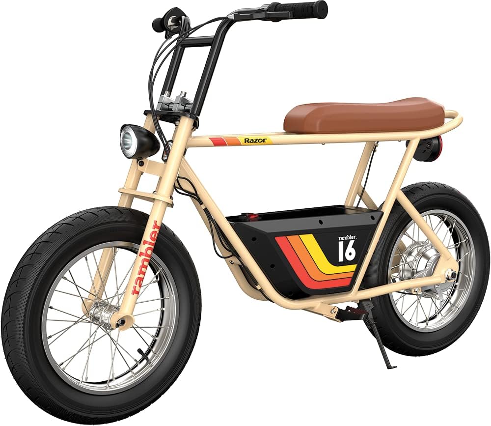 Razor Rambler 16 – 36V Electric Minibike with Retro Style, Up to 15.5 MPH, Up to 11.5 Miles Range, Wide, Rugged 16" Air-Filled Tires, Powerful 350 Watt Hub-Driven Motor , Tan