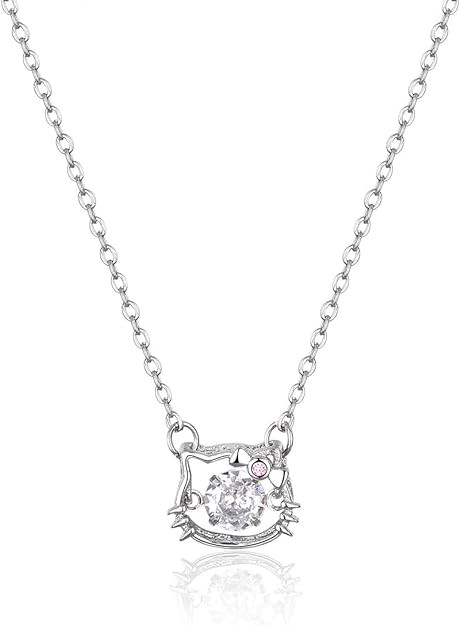 Women Cute Cat Necklace, Silver Cute Natural Diamond Cat Pendant Necklace- Pink Kitty Cat Necklace for Women Gifts