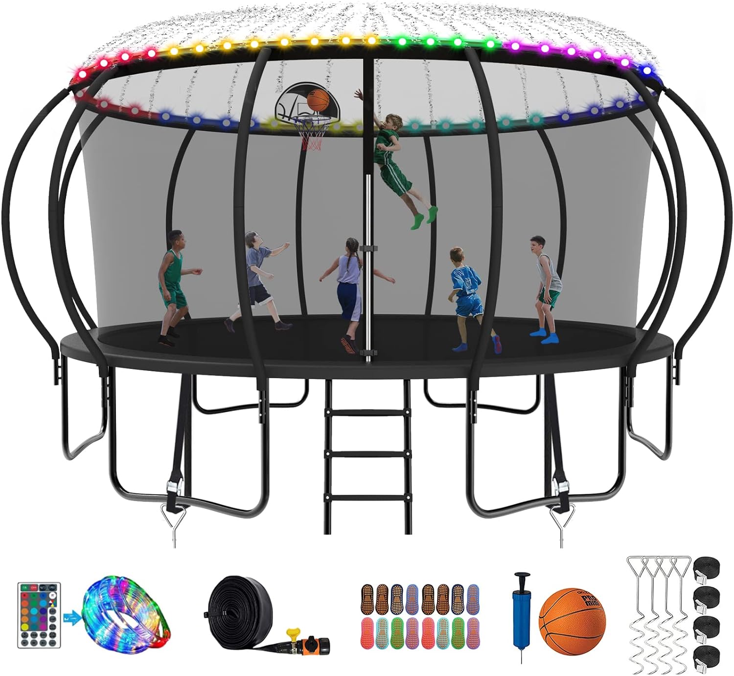 2024 Upgraded 8 10 12 14 15 16 FT 1500lbs Tranpoline for Kids and Adults with Light+Sprinkler+Socks, Recreational Tranpoline with Basketball Hoop, Ladder, ASTM Approved Tranpoline for 7-10 Kids