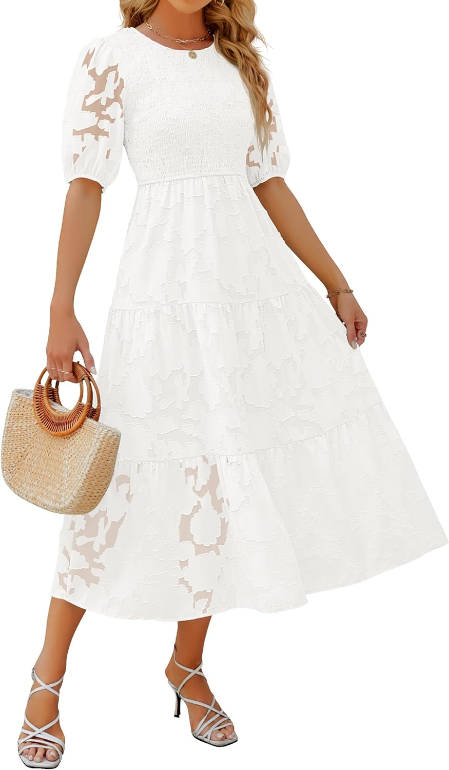 ZESICA Women's 2024 Summer Short Puff Sleeve Crewneck Smocked Floral Lace Flowy A Line Tiered Maxi Dresses