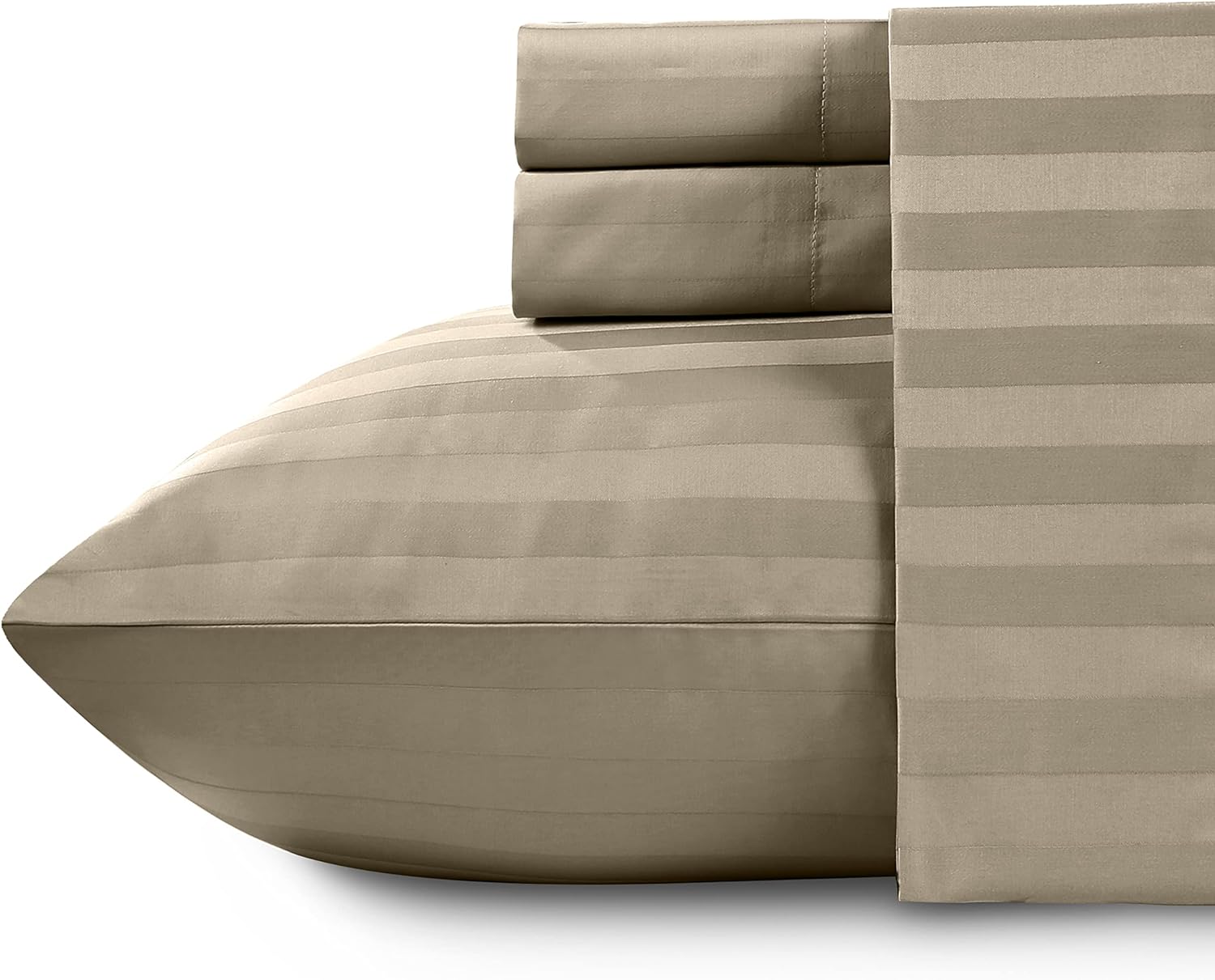 California Design Den - Queen Deep Pocket Sheets Soft 100% Cotton Cooling Sheets Deep Pockets Snug Fit Elastic, 500 Thread Count, 4-Pc Set, Cotton Sheets with Damask Stripe (Stripe - Khaki)