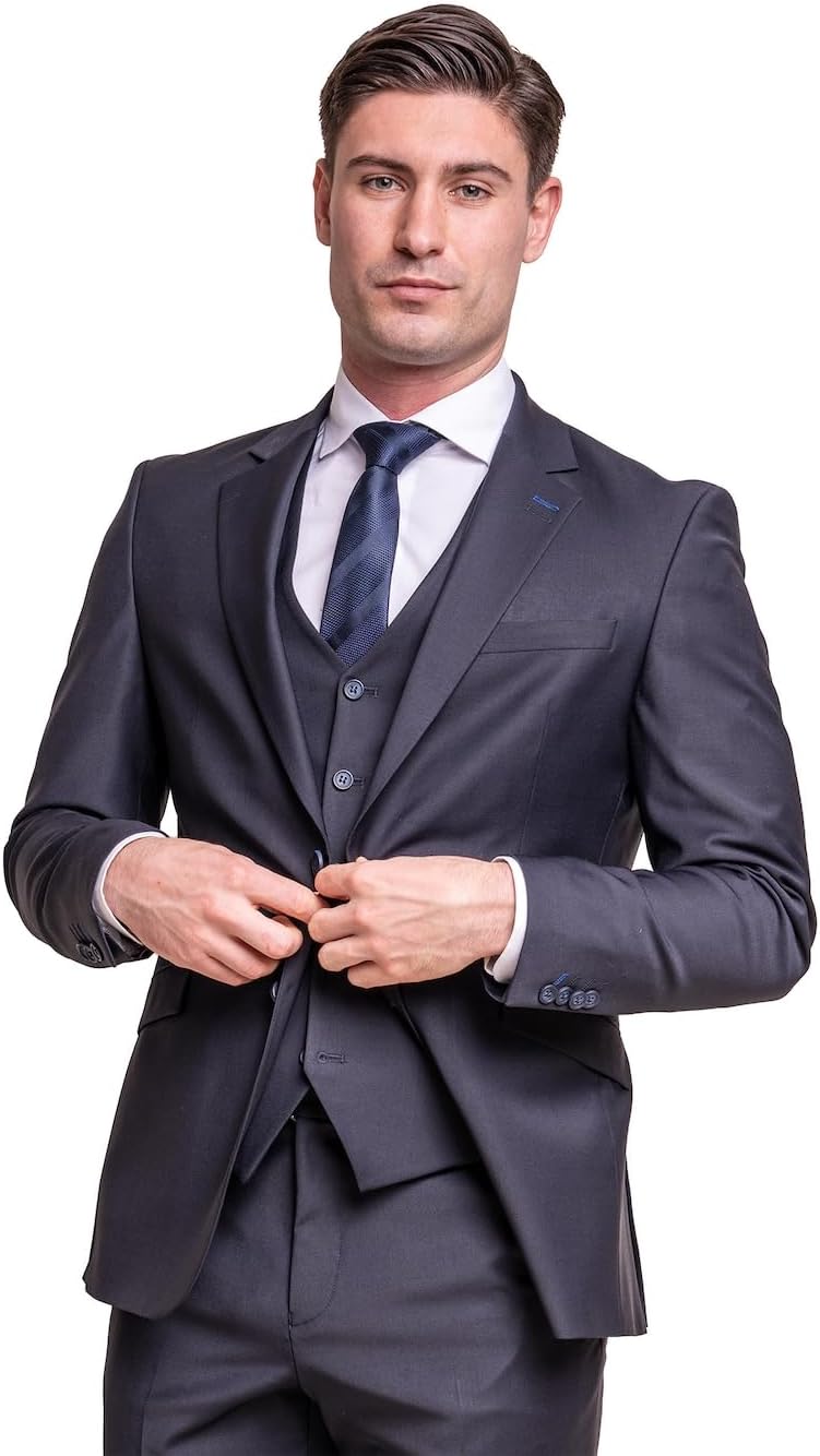 Men’s Slim Fit Wool Blend Formal Midnight Blue Suit Wedding Business Tailored Premium 3 Piece Set