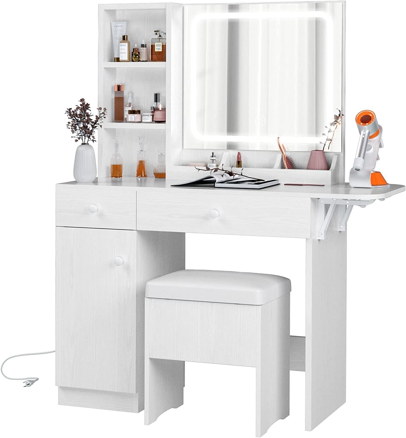 IRONCK Vanity Desk with LED Lighted Mirror &amp; Power Outlet, Makeup Table with Drawers &amp; Cabinet,Storage Stool,for Bedroom, White