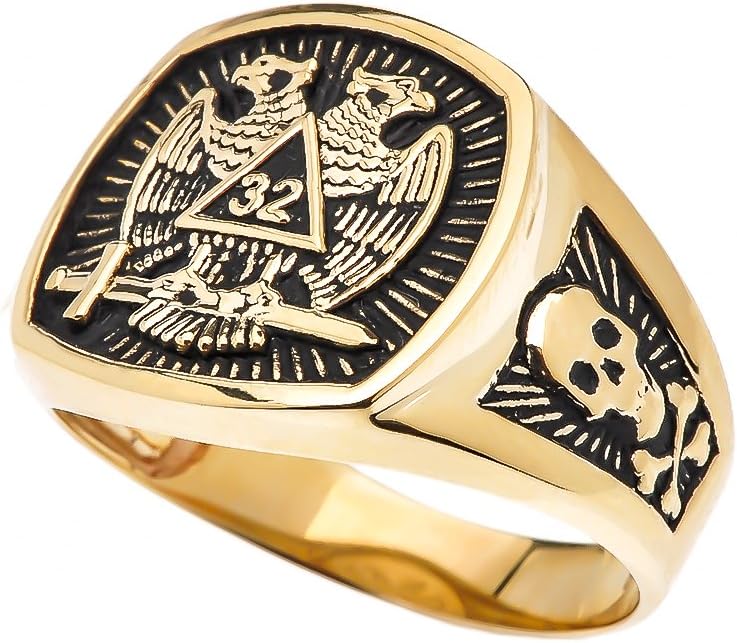 Men's 10k Yellow Gold Scottish Rite 32nd Degree Skull and Crossbones Masonic Ring