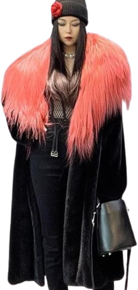 Denny&amp;Dora Women's Black Mink Fur Coat with Goat Collar Long Style Winter Fur Coat