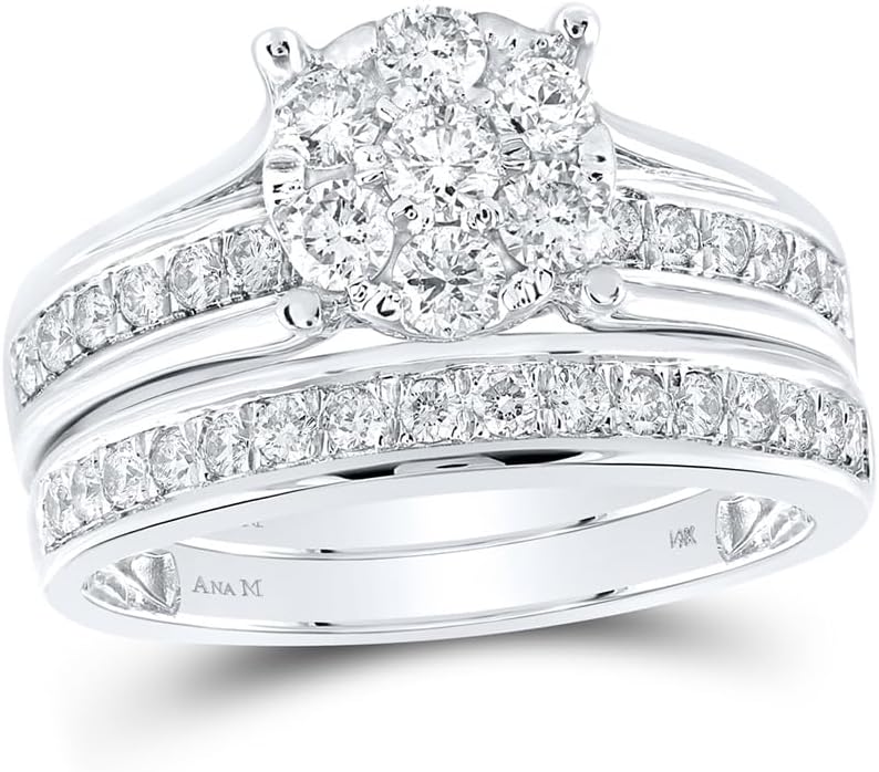 Solid 14K White Gold Real Natural Diamond Cluster Bridal Matching Engagement Ring Wedding Band Set 1 Carat (1.00 Cttw)