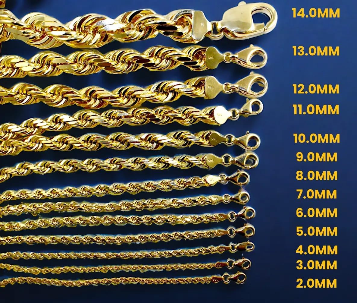 14K Yellow Gold Solid Rope Chain Necklace Diamond Cut Real Men Women Jewelry 1mm-23mm 16"-30" | MADE IN ITALY