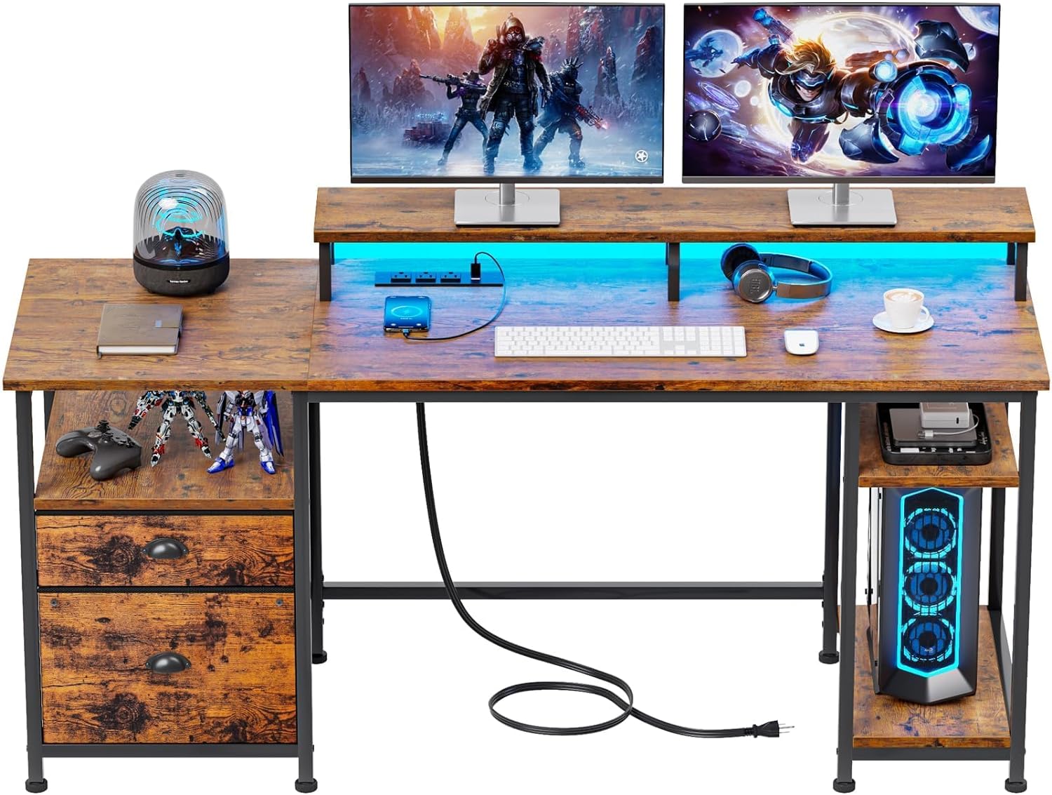 Furologee 61" Computer Desk with Power Outlet and USB Ports, Large Desk with Shelves and Drawer, Writing Study Desk with Fabric File Cabinet and Long Monitor Stand, Gaming Desk for Home Office
