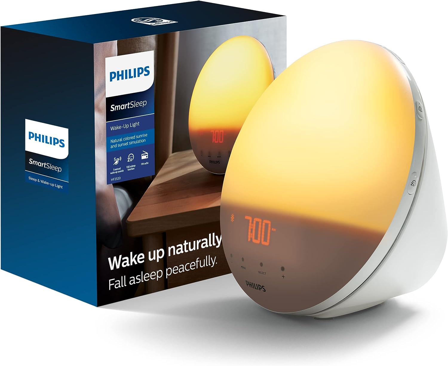 Philips SmartSleep Wake-up Light, Colored Sunrise and Sunset Simulation, 5 Natural Sounds, FM Radio &amp; Reading Lamp, Tap Snooze, HF3520/60
