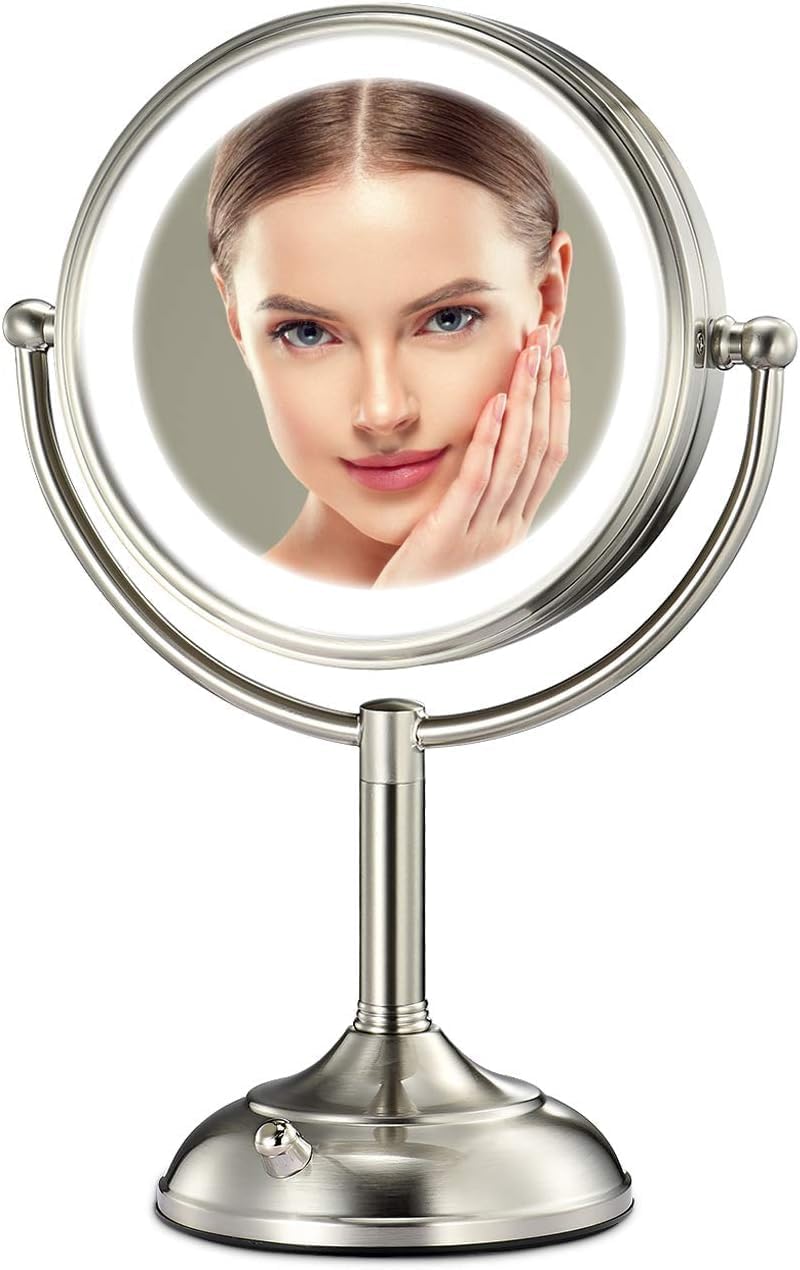 Professional 8.5" Large Lighted Makeup Mirror Updated with 3 Color Lights, 1X/10X Magnifying Swivel Vanity Mirror with 50 Premium LED Lights, Brightness Dimmable Cosmetic Mirror, Senior Pearl Nickel