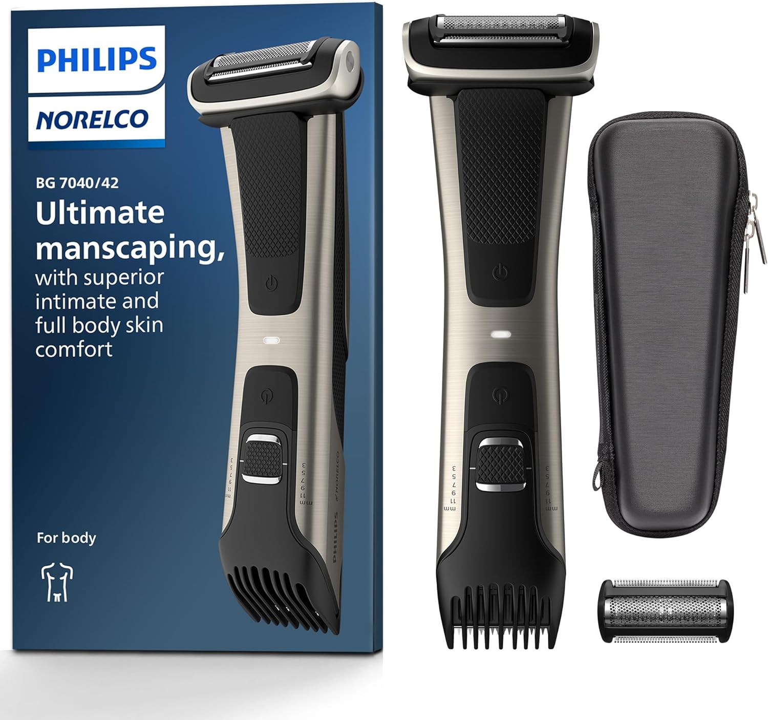 Philips Norelco Exclusive Bodygroom Series 7000 Showerproof Body &amp; Manscaping Trimmer &amp; Shaver with case and Replacement Head for Above and Below The Belt, BG7040/42 (Frustration Free Packagin