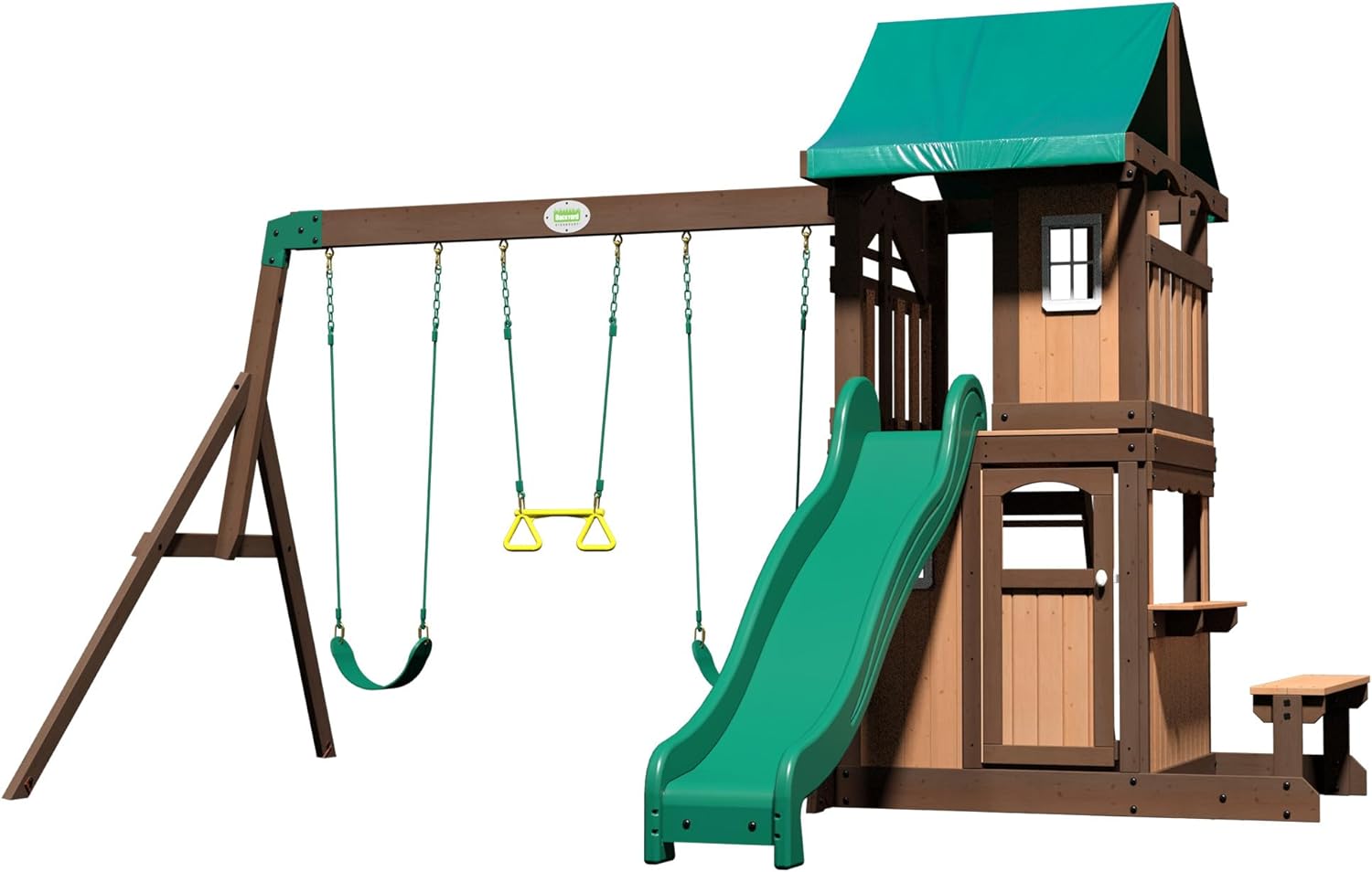 Backyard Discovery Lakewood Cedar Wood Swing Set, Covered Upper Deck with White Trim Window, Slide with Rails, Lower Fort Area with Door and Attached Bench, Swing Belts, Trapeze Bar, Stair Ladder