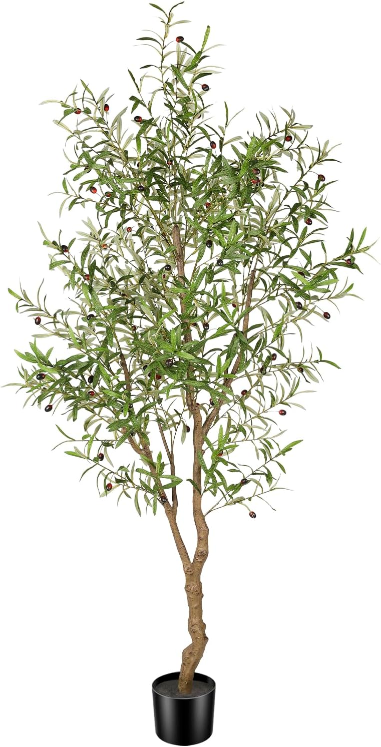7ft Faux Olive Tree - Fake Potted Olive Silk Tree with Planter Natural Olive Branches and Realistic Leaves Artificial Tree for Home House Office Decor Indoor