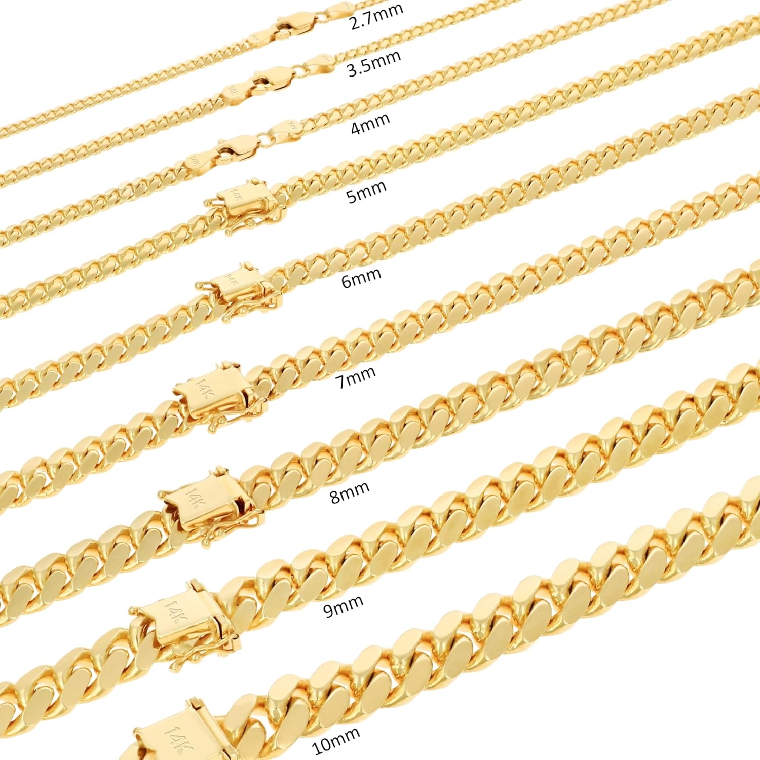 Nuragold 14K Yellow Gold Solid Miami Cuban Link Chain Necklace/Lengths 16"- 30" / Widths 2.7mm - 11mm / Italian Made Jewelry for Men and Women