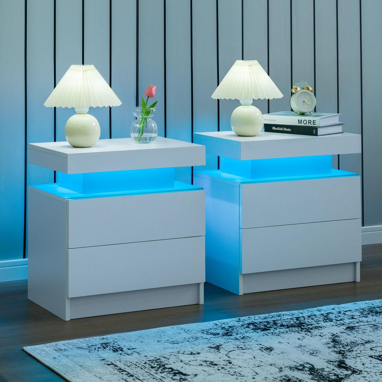 Nightstand Set of 2 LED Nightstand with 2 Drawers, Bedside Table with Drawers for Bedroom Furniture, Side Bed Table with LED Light, White