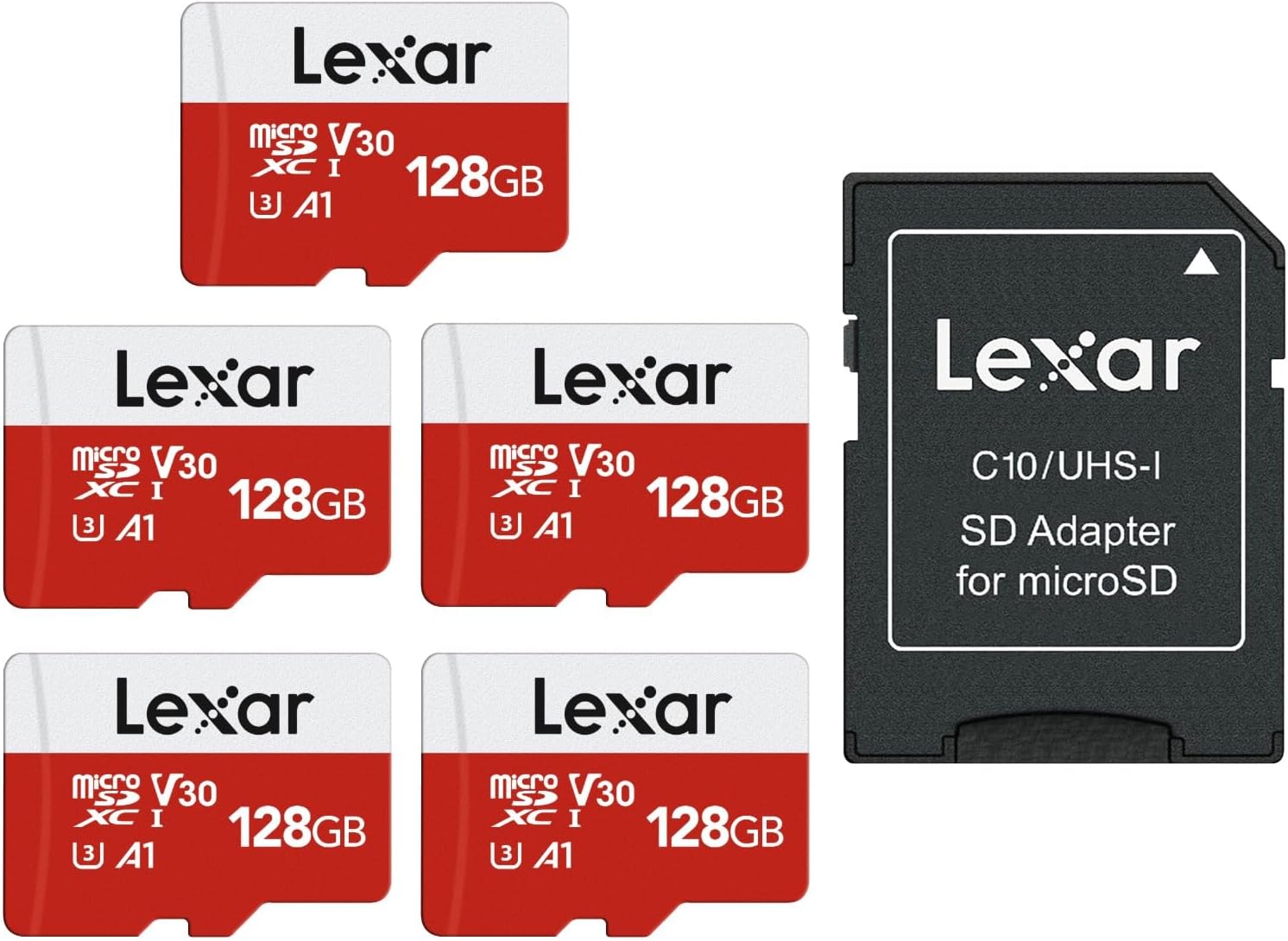 Lexar E-Series 128GB Micro SD Card 5 Pack, microSDXC UHS-I Flash Memory Card with Adapter, 100MB/s, C10, U3, A1, V30, Full HD, 4K UHD, High Speed TF Card