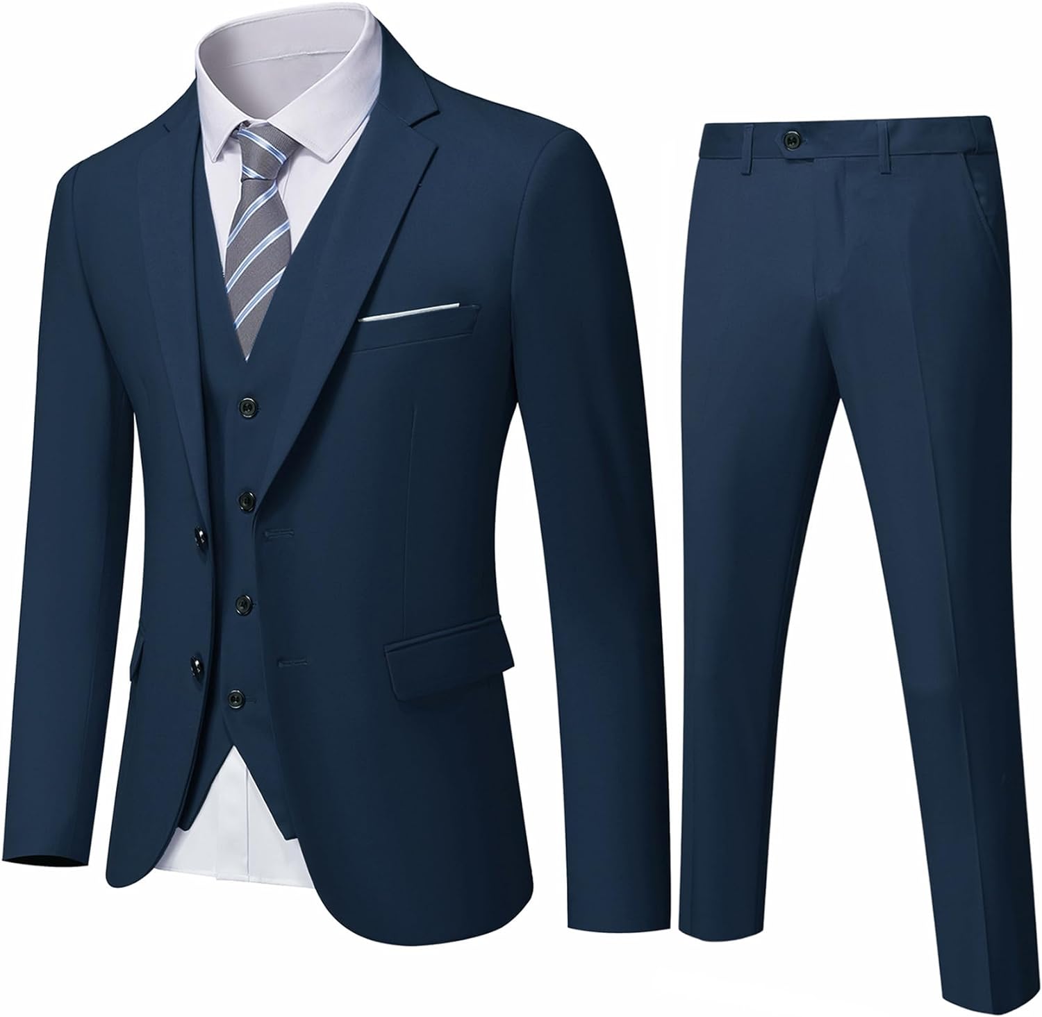 YND Men's Slim Fit 2 Button 3 Piece Suit Set, Solid Blazer Jacket Vest Pants &amp; Tie