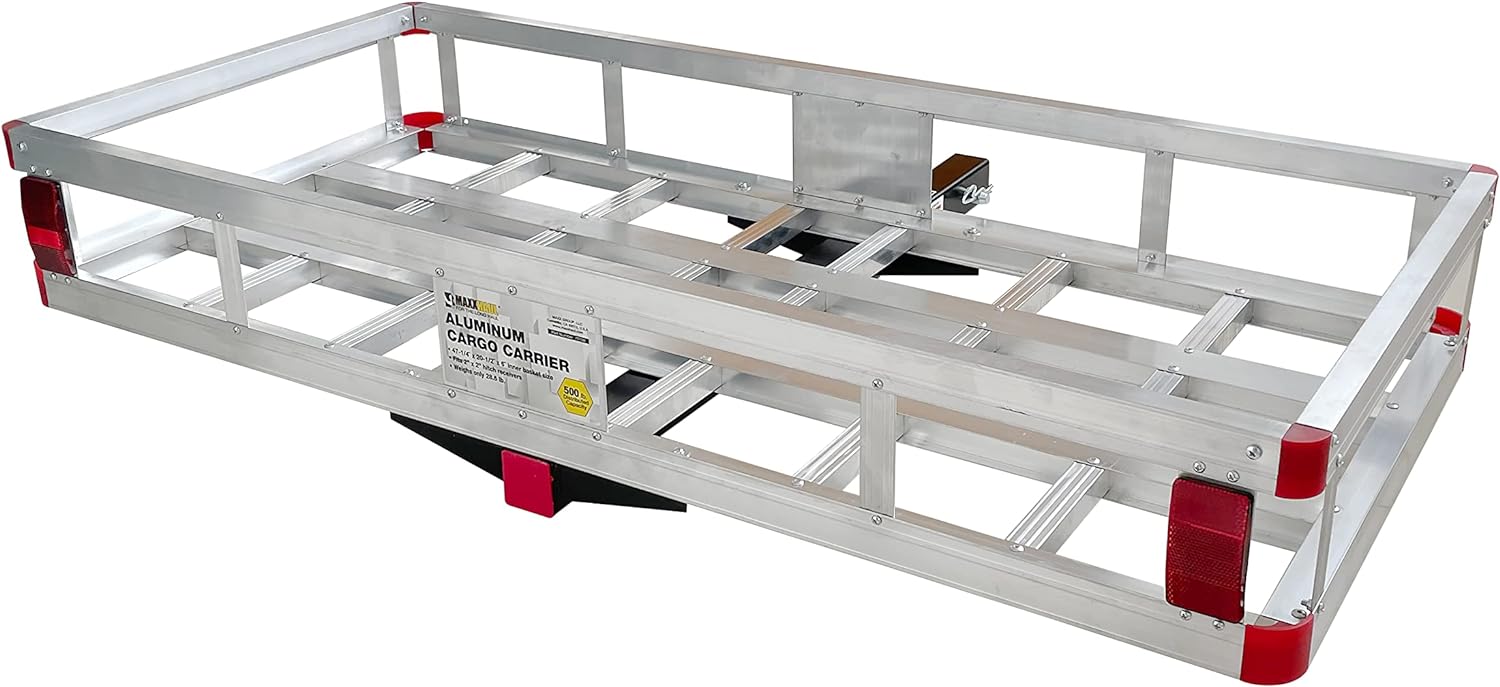 MaxxHaul 70108 Aluminum Cargo Carrier With High Side Rails- Trailer Hitch Mount For RV's, Trucks, SUV's, Vans, Cars With 2" Hitch Receiver - 500-lb Load Capacity, Grey, 49" x 22.5"