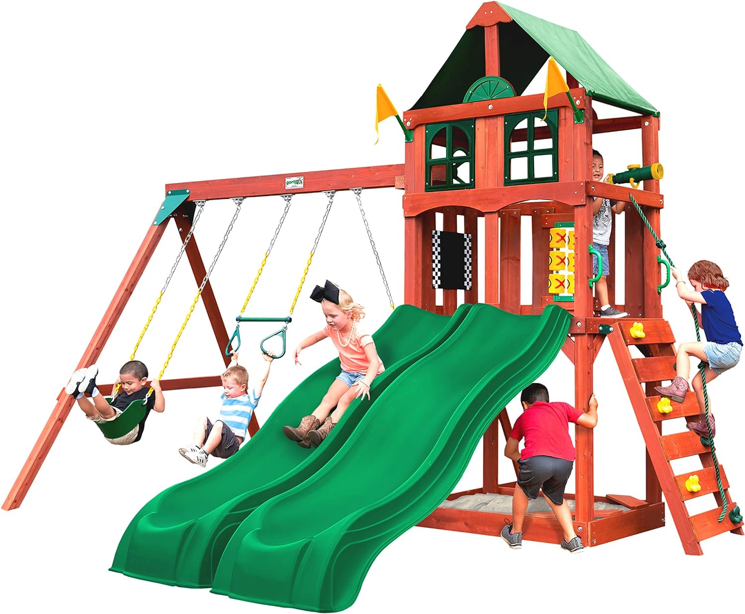 Gorilla Playsets 01-1057 Playmaker Deluxe Wooden Swing Set with Vinyl Canopy Roof, Dual Wave Slides, and Rock Climbing Wall, Redwood Stained Cedar (Amazon Exclusive)
