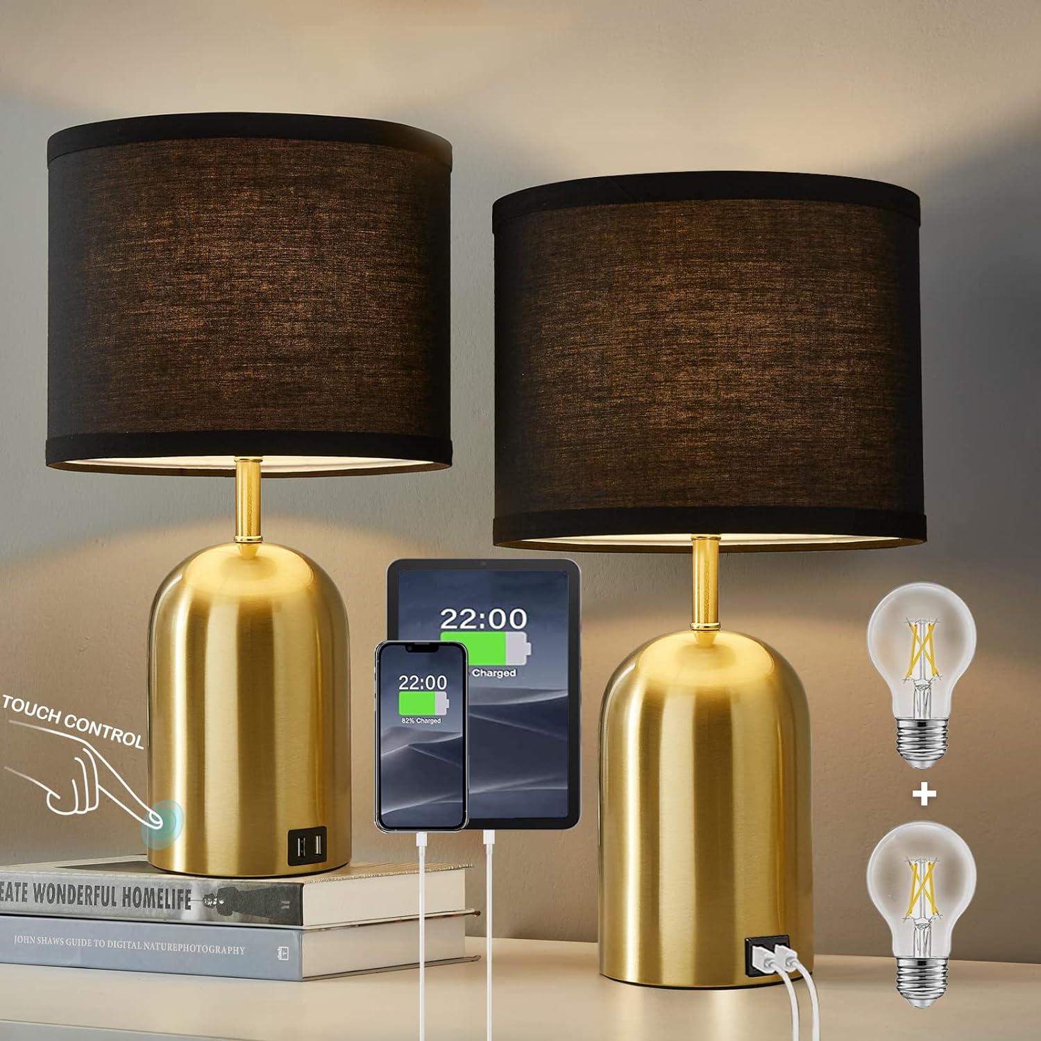 3-Way Dimmable Table Lamp Set of 2 for Living Room,Touch Control Modern Bedside Lamps with 2 USB Ports Nightstand Lamp with Black Shade and Gold Base for Bedroom Reading Room Hotel Office