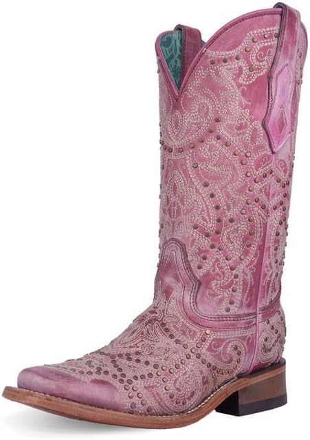 CORRAL LADIE'S POWDER PINK EMBROIDERY &amp; STUDS SQ TOE, CORRAL 43.8 X 34.8 X 11.0 SOLE,COWHIDE LEATHER, WESTERN BOOT, C4042