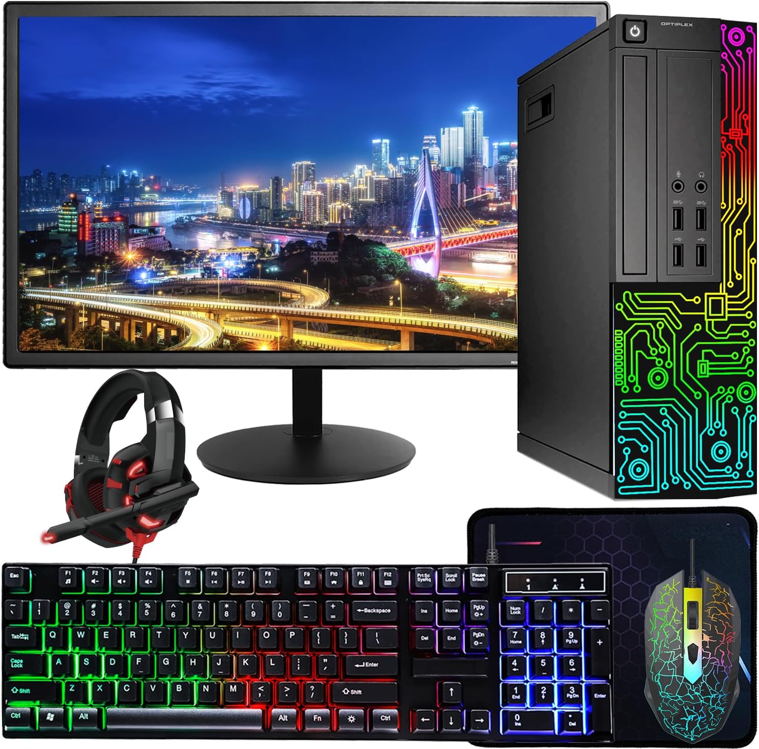 Dell OptiPlex Desktop RGB Computer PC, Intel Core i5 up to 3.6GHz, 16GB RAM, 512GB SSD, 22 Inch HDMI Monitor, RGB Keyboard Mouse, Gaming Headset, WiFi, Bluetooth, Windows 10 Pro (Renewed)