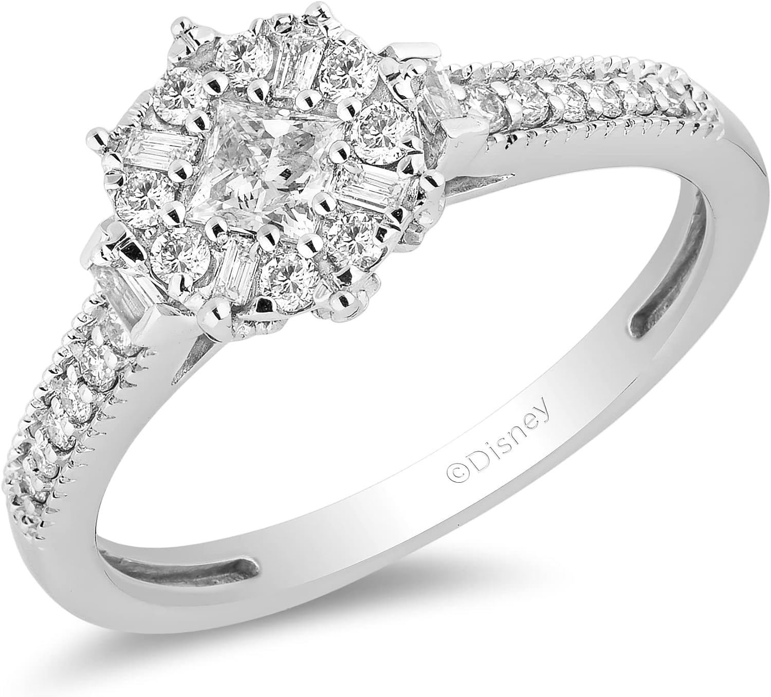 Jewelili Enchanted Disney Fine Jewelry 10k White 1/2 CTTW Diamond Elsa Snowflake Composite Bridal Ring