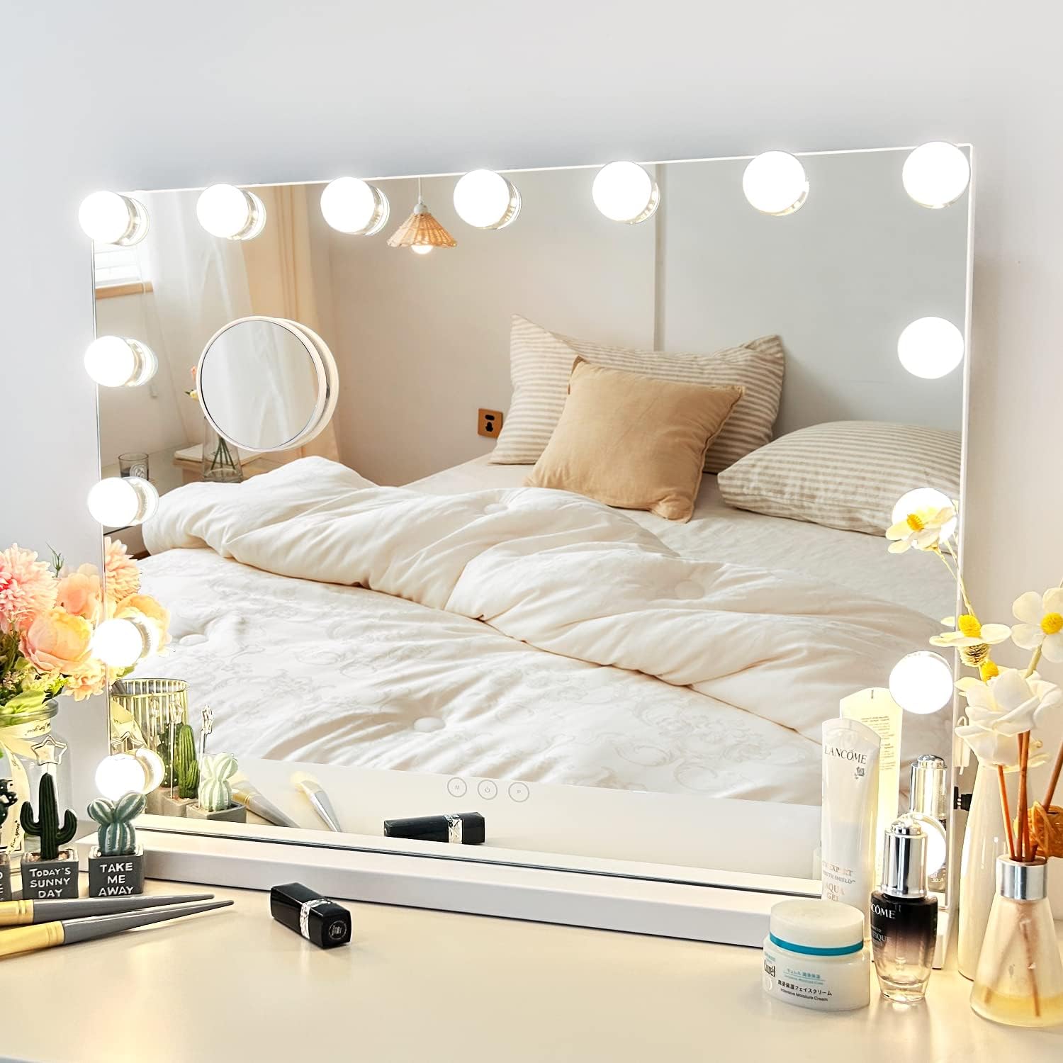 Vanity Mirror with Lights,Makeup Mirror with Lights,23" x 19" Makeup Mirror with 15 Dimmable LED Bulbs,3 Color Lighting Modes,USB Charging Port Touch Control,Sturdy Metal Frame Design,White