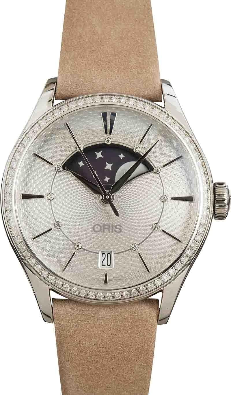 Oris Artelier Grande Lune, Date Diamonds Leather Strap Women's Watch - Model Number: 01 763 7723 4951-07 5 18 33FC