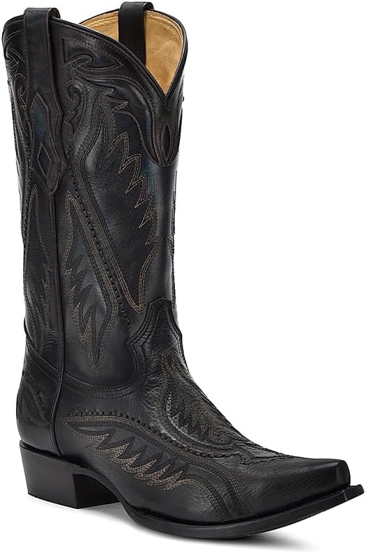 CORRAL MEN'S BLACK-BLUE EMBROIDERY &amp; WOVEN &amp; INLAY, LEATHER SOLE, COWHIDE LEATHER, WESTERN BOOTS, C4149