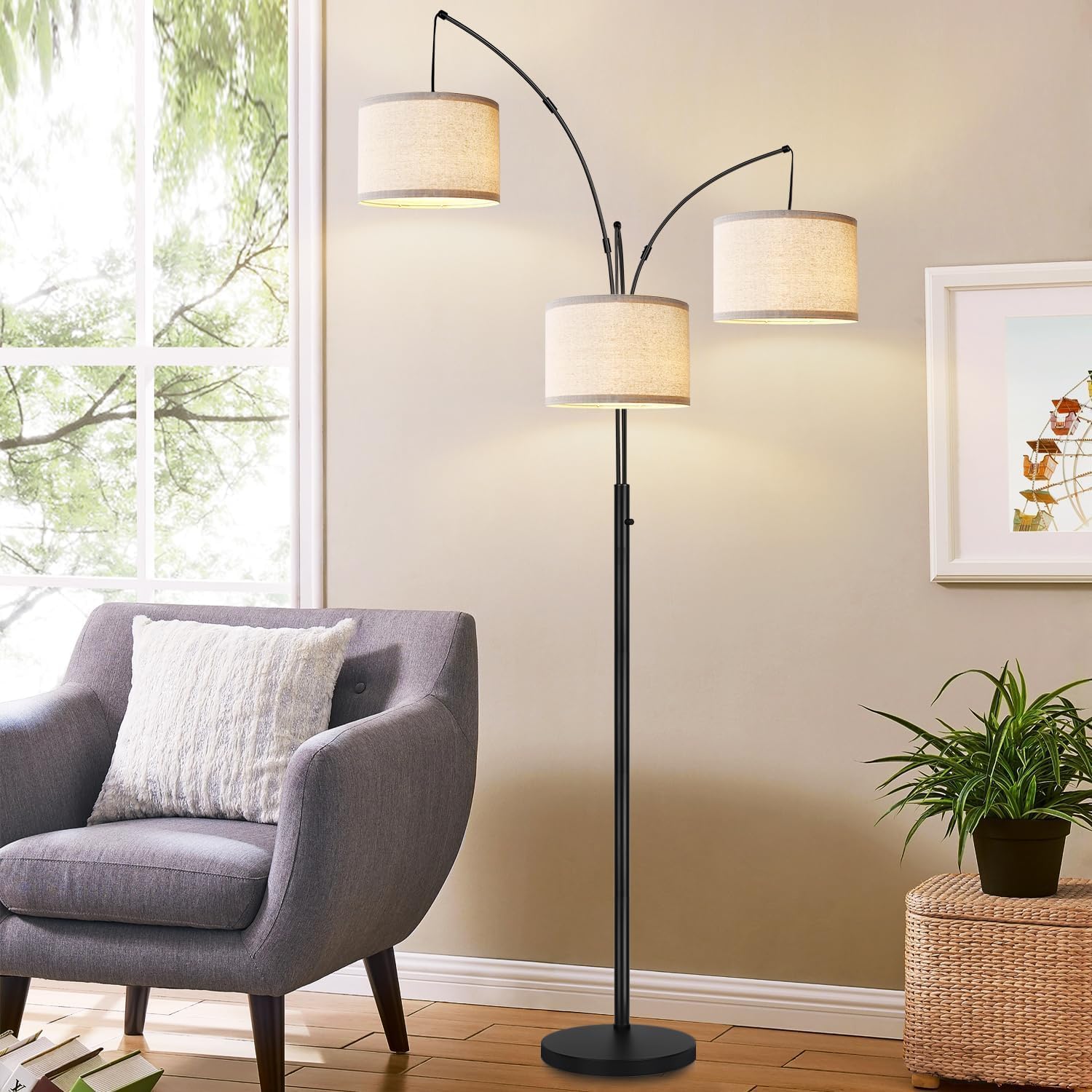 Dimmable Floor Lamp - 3 Lights Arc Floor Lamps for Living Room, 1000LM Modern Tall Standing Lamp with White Shades &amp; Heavy Base, Mid Century Tree Floor Lamp for Bedroom Office, 3 LED Bulbs Include