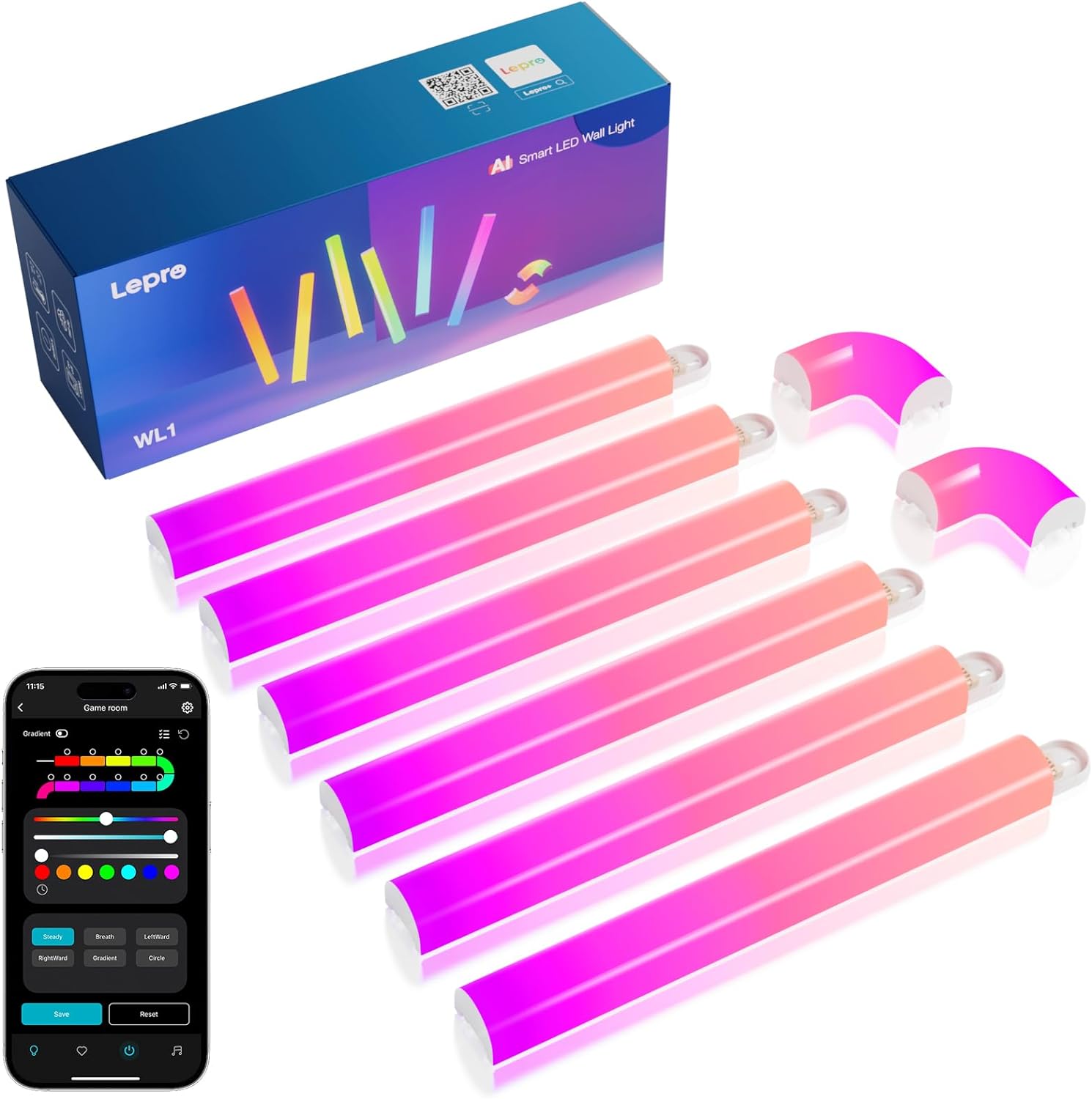 Lepro WL1 AI Smart RGB Wall Lights with LightBeats Music Sync, AI Generated Lighting, Facial Recognition, Voice Control Via App, Wi-Fi &amp; Bluetooth LED Light Bars for Home Decor, 6 Pcs with 2 Corne