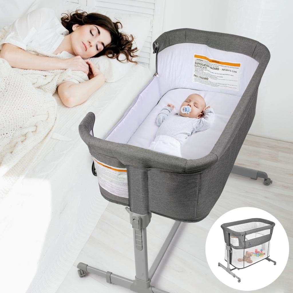 3 in 1 Baby Bassinet, Bedside Sleeper, &amp; Playpen, Easy Folding Portable Crib (Grey)- KoolaBaby (Bassinet)