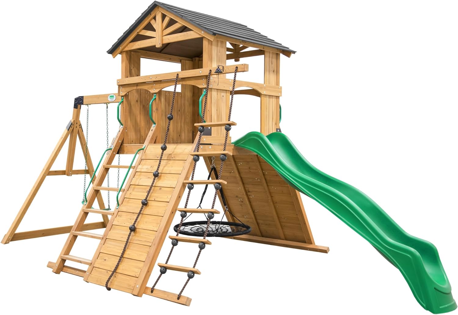Backyard Discovery Endeavor All Cedar Wood Swing Set Playset for Backyard with Large Clubhouse Wave Slide Rope Ladder Rock Climbing Wall Wave Slide 2 Belt Swings and 1 Web Swing Gift for Ages 3-10