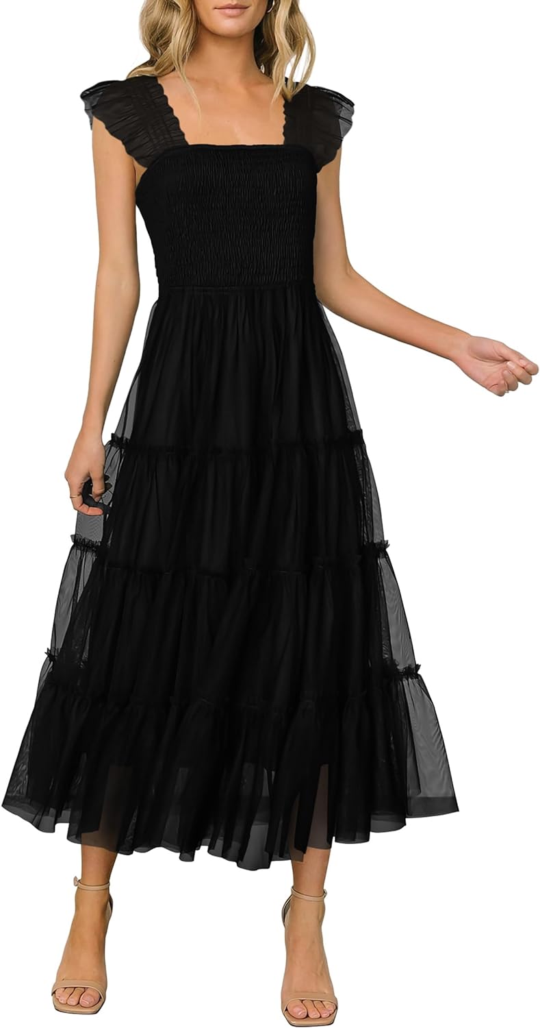 PRETTYGARDEN Womens 2024 Summer Casual Sleeveless Smocked Ruffle Tulle Flowy Beach Sundress