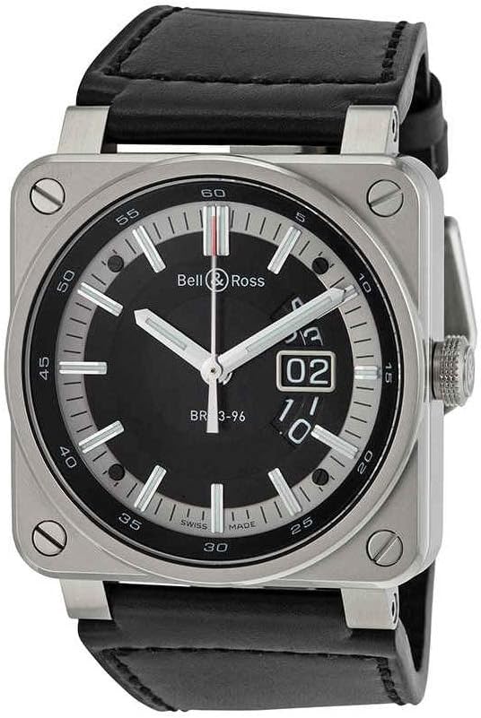 Bell and Ross Aviation Automatic Black Dial Square Black Leather Mens Watch BR0396-SI-ST