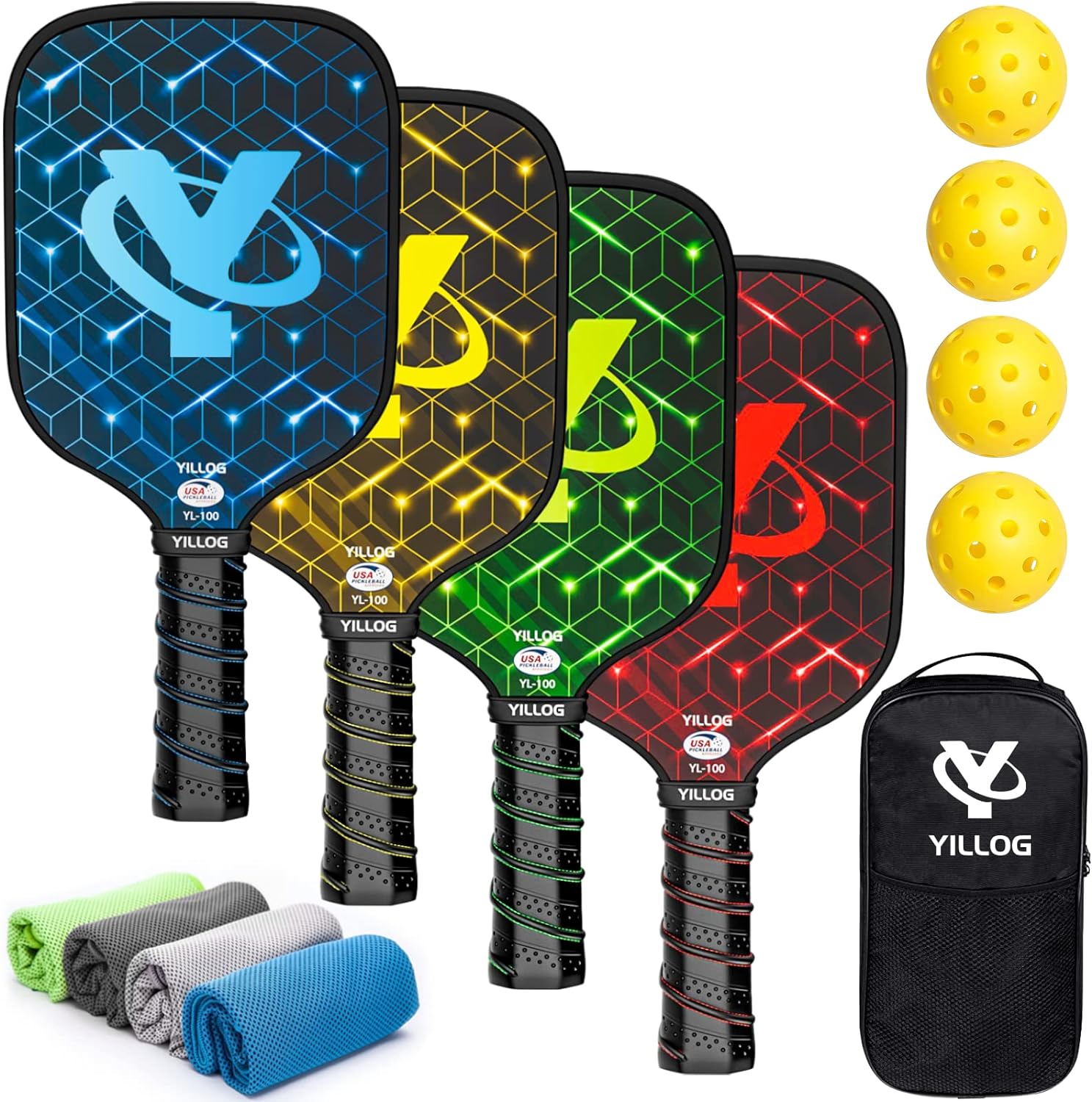 Pickleball Paddles, USAPA Approved, Set of 4, Fiberglass Surface Pickleball Set, 4 Pickleball Balls, 4 Cooling Towels, Pickleball Bag, Pickle Ball Paddle for Men Women