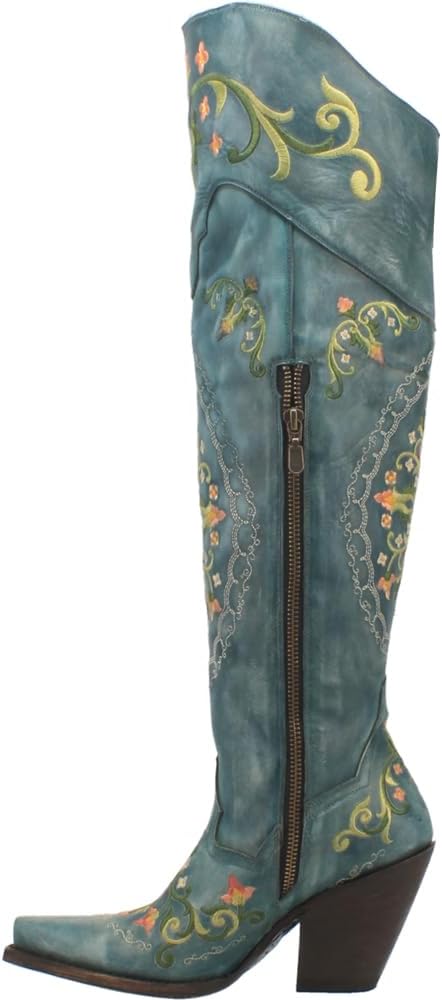 Dan Post Womens Flower Child Snip Toe Dress Boots Over the Knee High Heel 3" &amp; Up - Blue