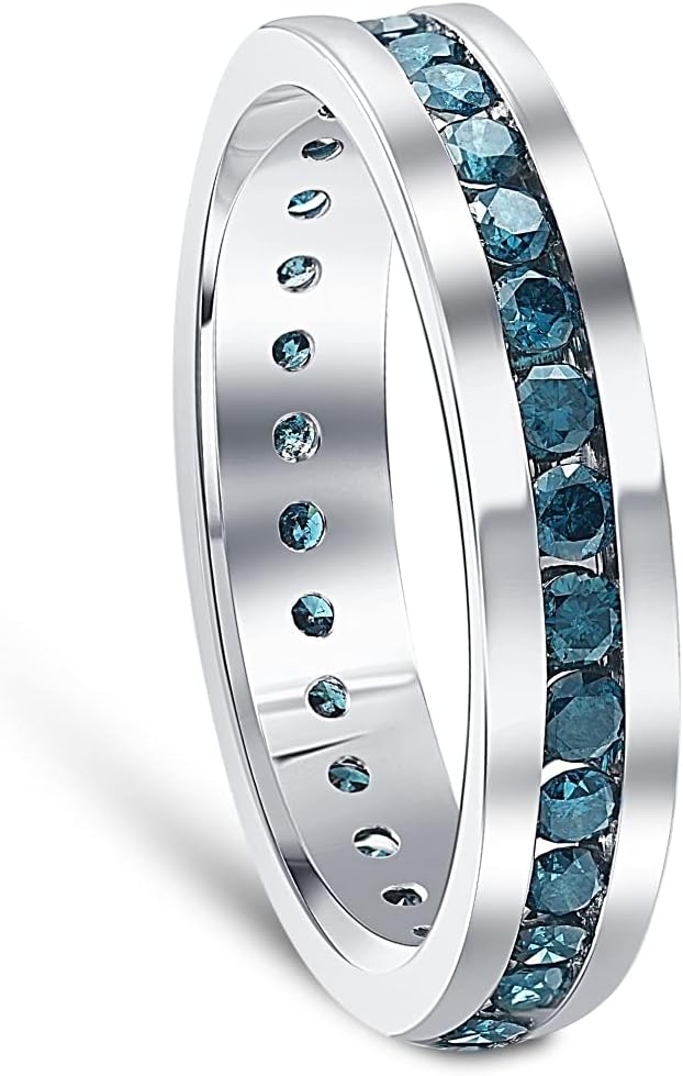 P3 POMPEII3 14k White Gold 1 1/5Ct T.W. Round-Cut Blue Diamond Channel Set Men's Wedding Band High Polished Eternity Ring