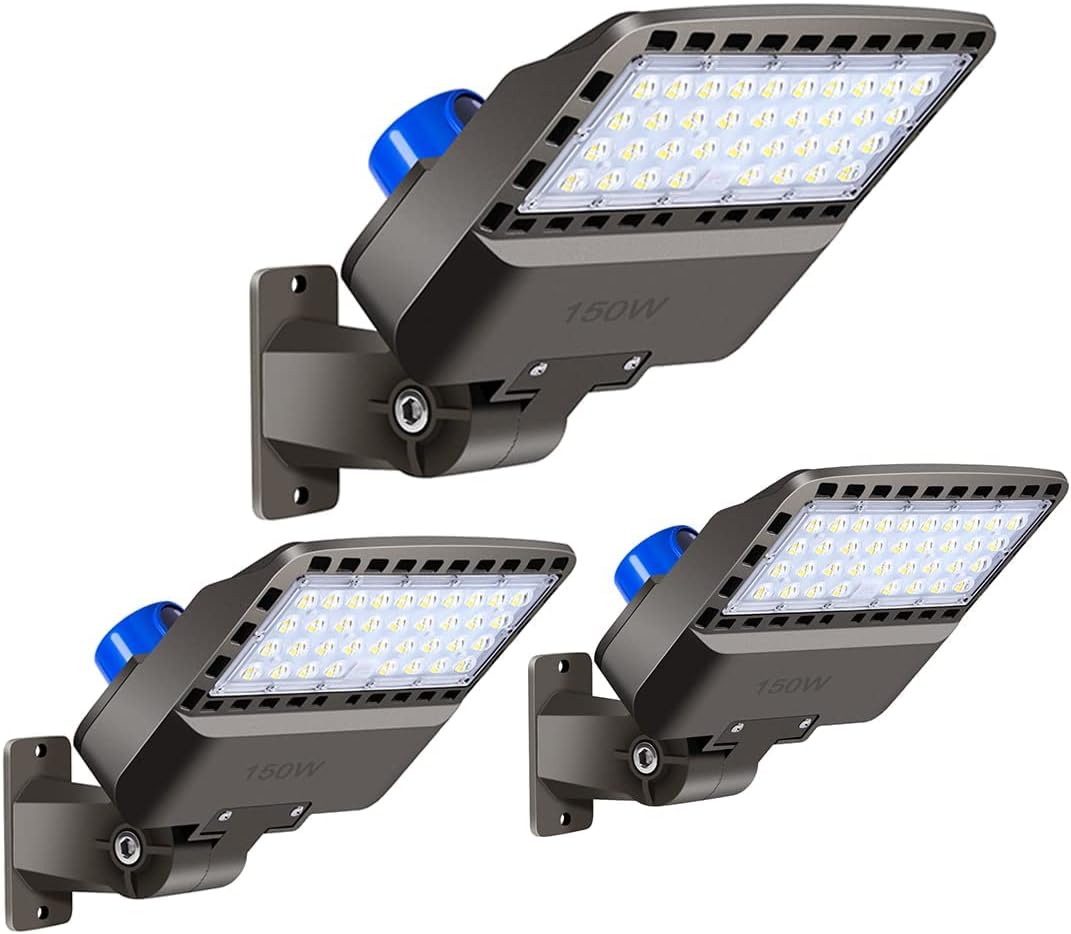 Juyace 150W led Parking lot Light Dusk to Dawn Led Outdoor Lighting Commercial Flood Light IP65 Waterproof 5000K Wall Mount 100-277V Shoe Box Street Yard Security Area Lighting(3 Pack)