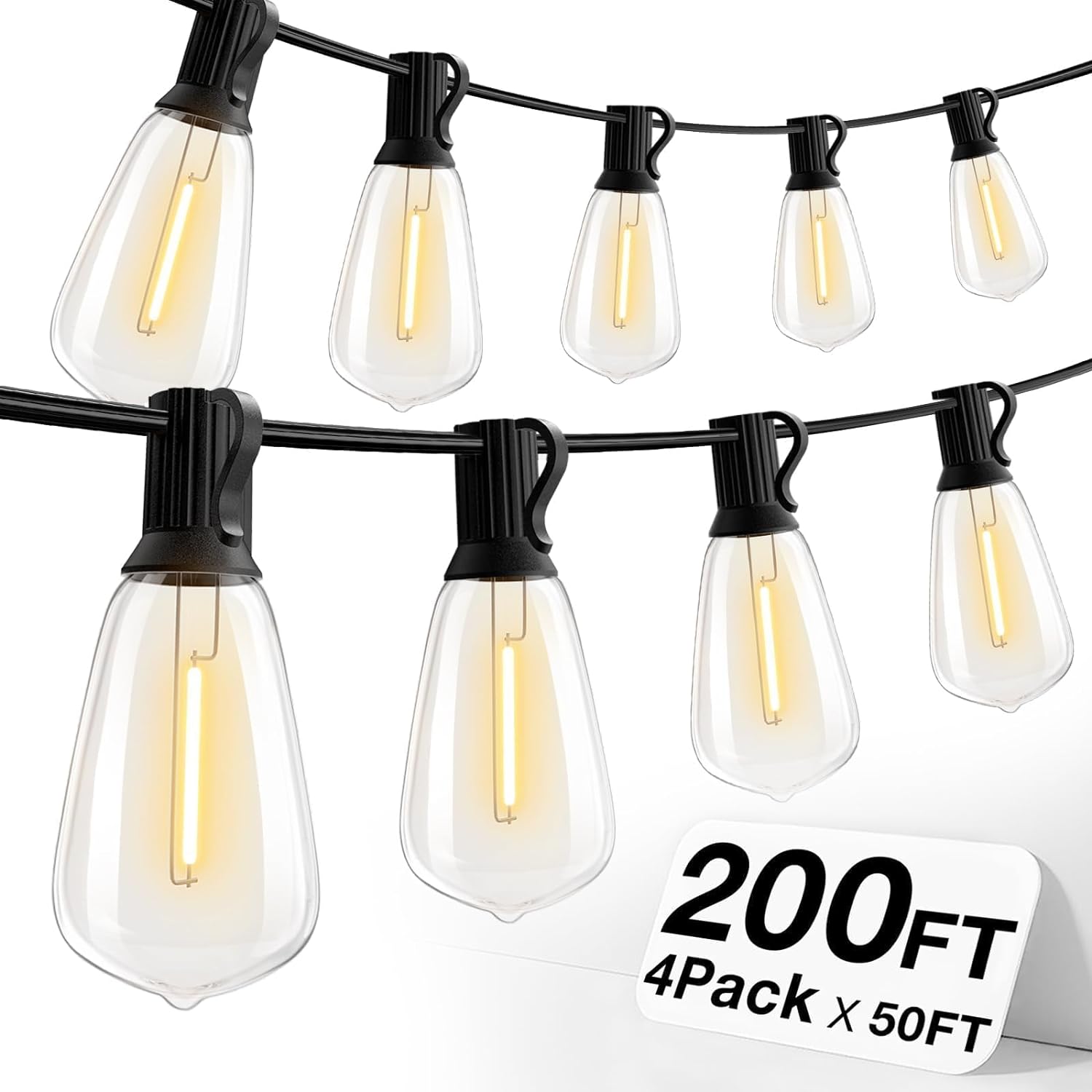 addlon 200 FT (4X 50FT) Outdoor String Lights,Waterproof Patio Lights UL Listed with 60+4 Shatterproof Dimmable ST38 LED Bulbs,2700K Connectable Outdoor Lighting for Backyard Bistro Garden