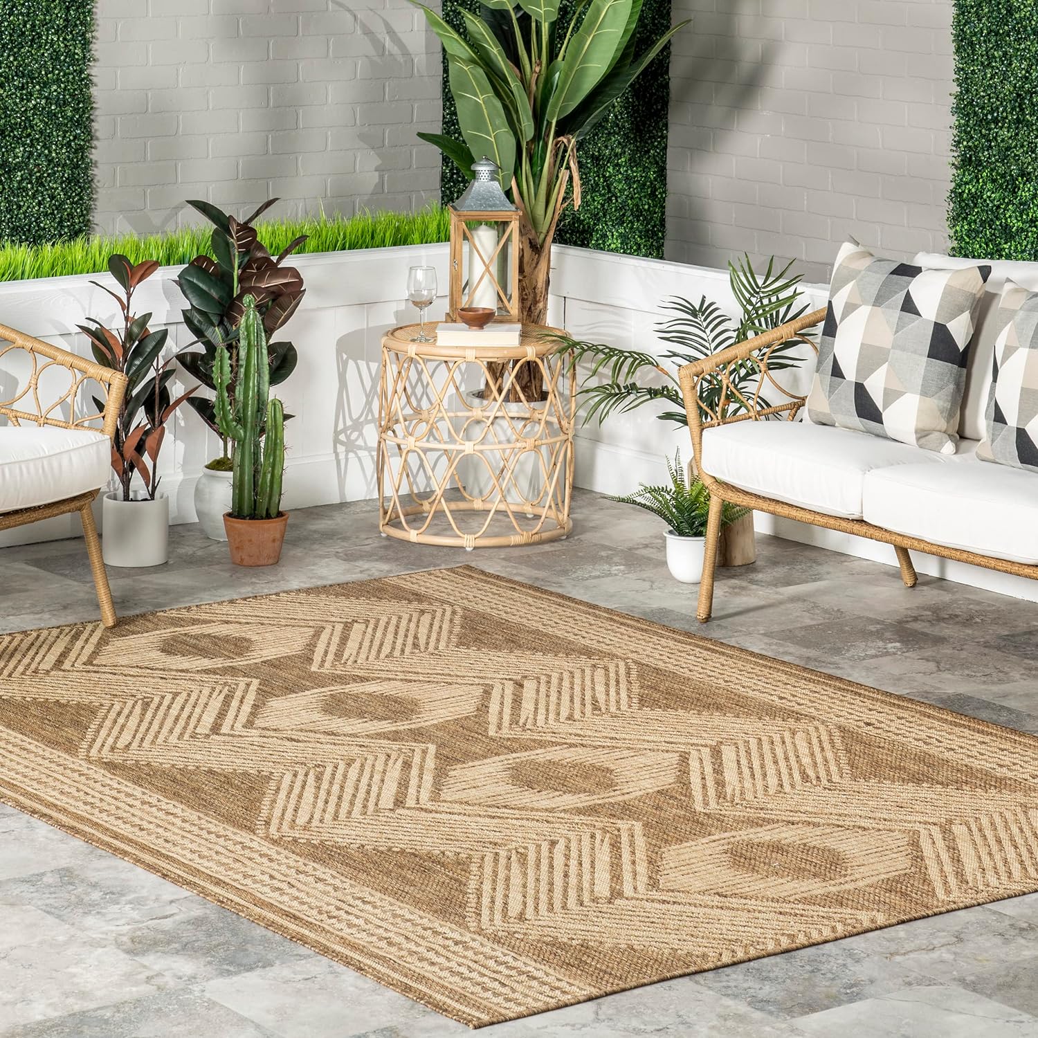 nuLOOM 7x9 Outdoor/Indoor Ranya Tribal Area Rug, Light Brown, Geometric Design, Stain Resistant, Highly Durable, For Patio, Balcony, Bedroom, Dining Room, Living Room, Bathroom