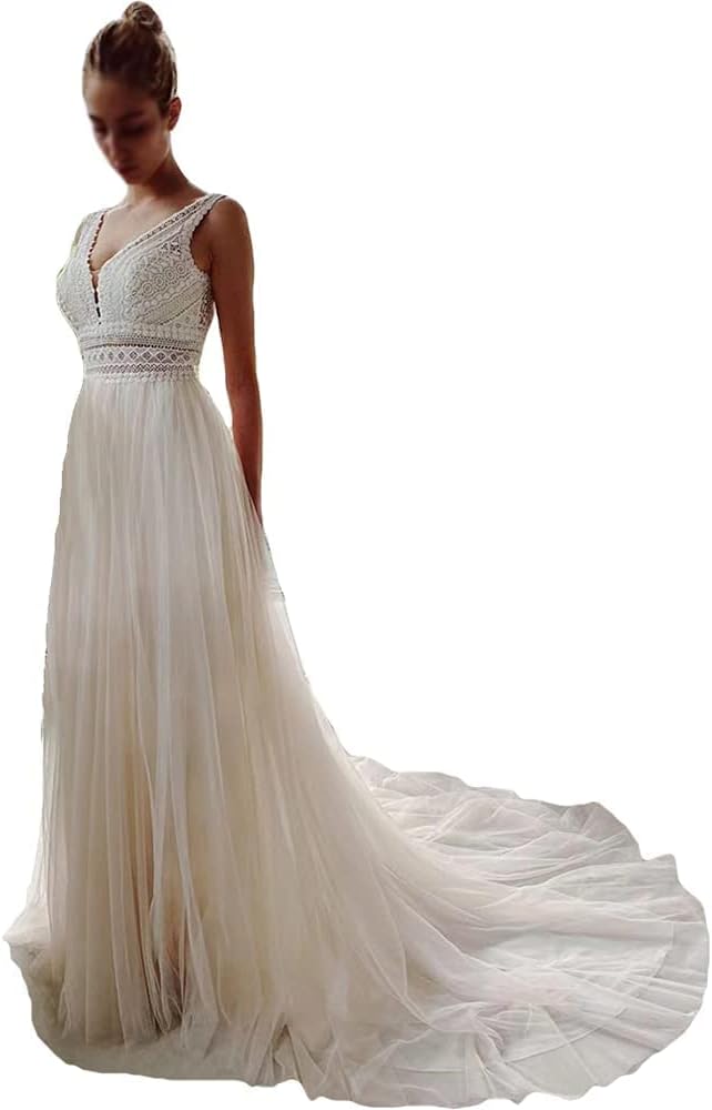 Wedding Dresses for Bride Illusory Lace Bohemia V Neck Layers Tulle A Line Beachy Wedding Gowns…