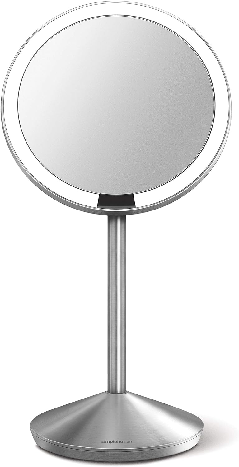 simplehuman 5" Round Rechargeable Mini Travel Sensor Makeup Mirror, 10x Magnification, Brushed Stainless Steel