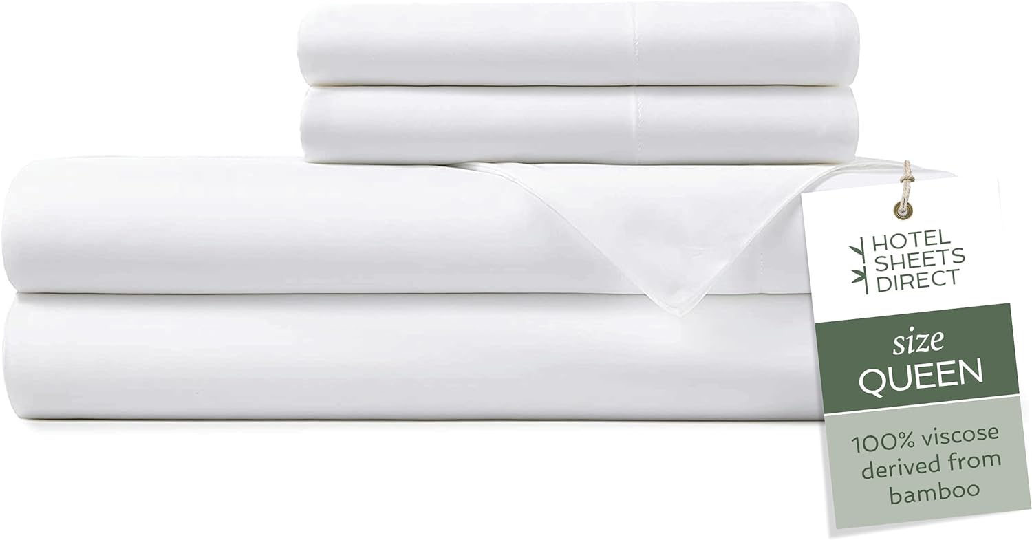 Hotel Sheets Direct 100% Viscose Derived from Bamboo Sheets Queen Size - Cooling Bed Sheets with 2 Pillowcases - Breathable, Moisture Wicking &amp; Silky Soft Sheets Set- White