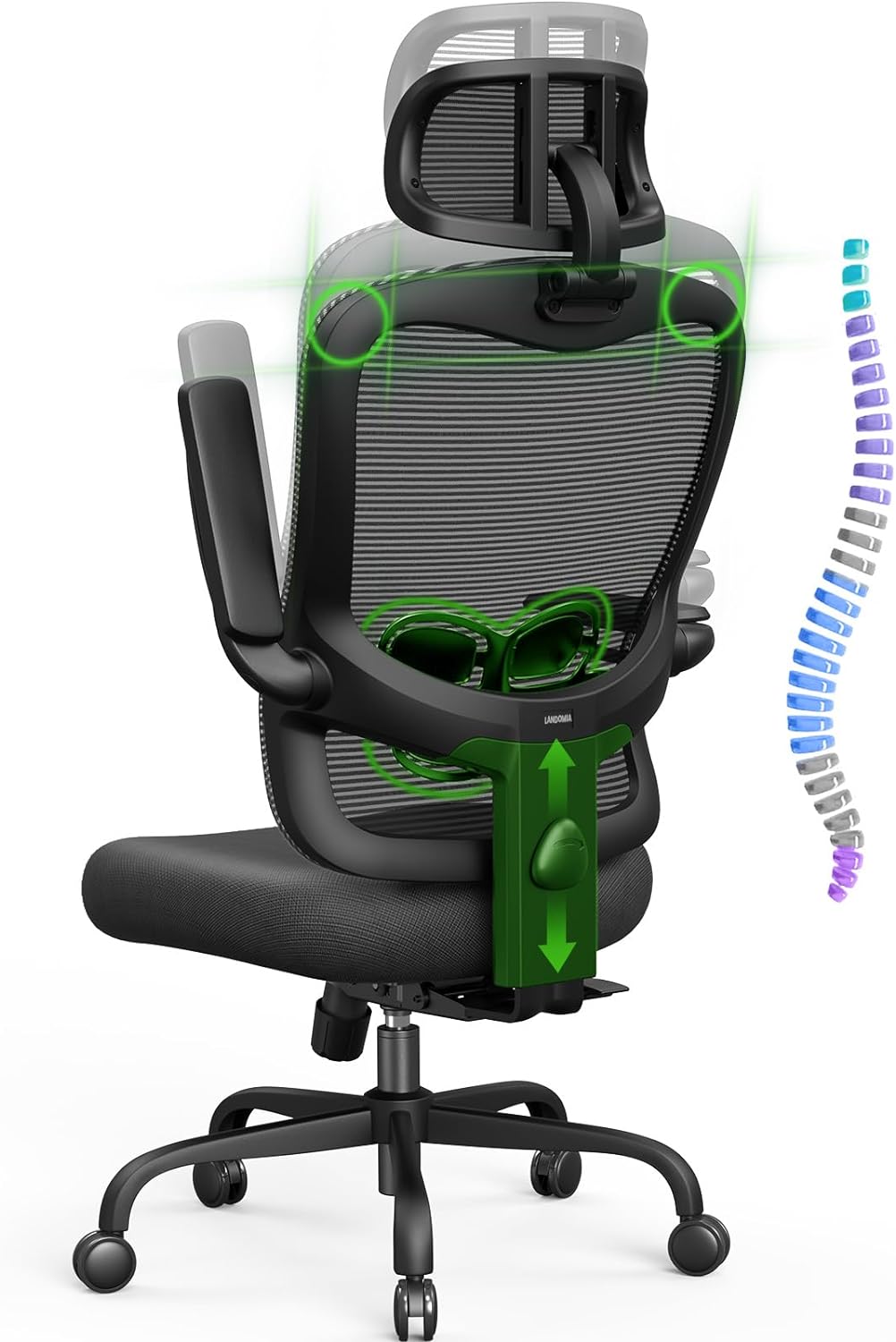 Ergonomic Office Chair Big and Tall - 350LBS Capacity, 6'5" Tall Max, Computer Desk Chairs Over 10 Hours Comfortable, with Adjustable Mesh High Back, Lumbar Support, 3D Headrest, Flip-up Arms